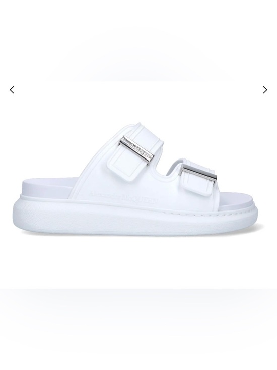 Alexander McQueen Shoes - Alexander McQueen White Double-Strap Slide Sandals with Silver Buckles